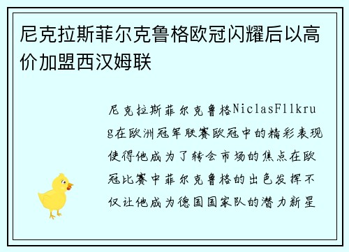 尼克拉斯菲尔克鲁格欧冠闪耀后以高价加盟西汉姆联 尼克拉斯菲尔克鲁格欧冠闪耀后以高价加盟西汉姆联
